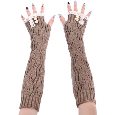 LerBen Womens Lace Knitted Fingerless Warm Gloves Long Arm Warmer Thumb Hole Mitten