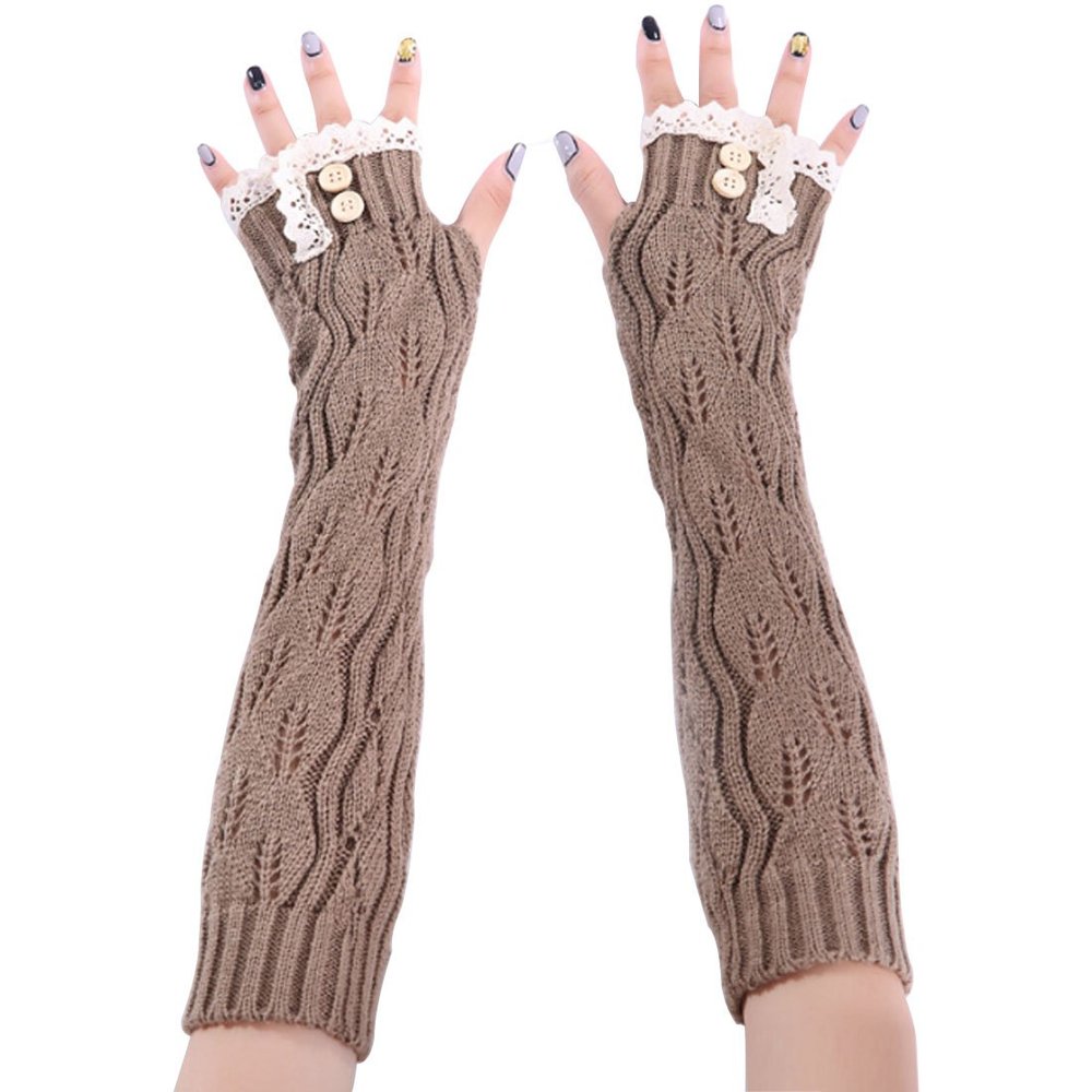 LerBen Womens Lace Knitted Fingerless Warm Gloves Long Arm Warmer Thumb Hole Mitten