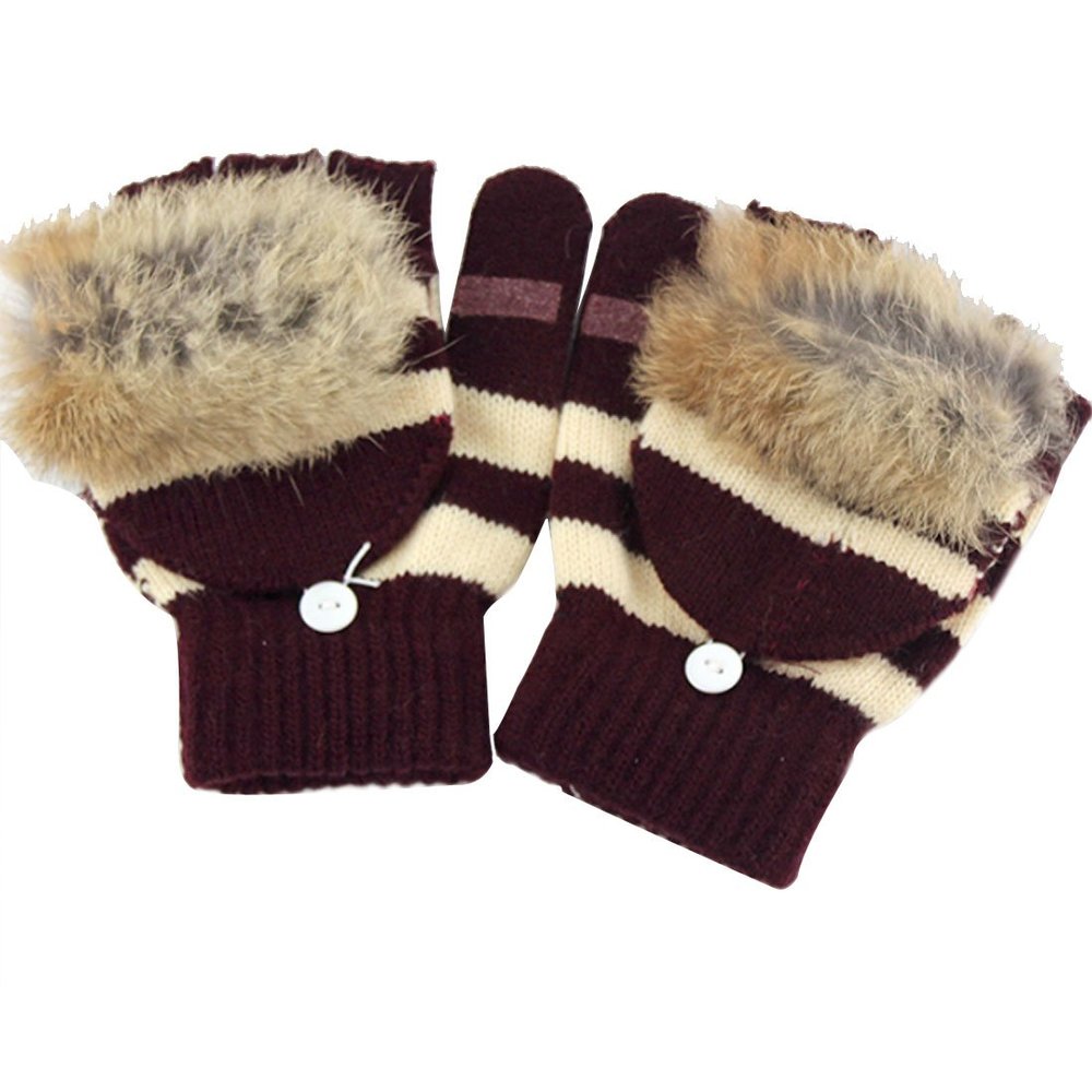 LerBen Women Winter Gloves Wool Fingerless Texting Gloves with Mitten Cover
