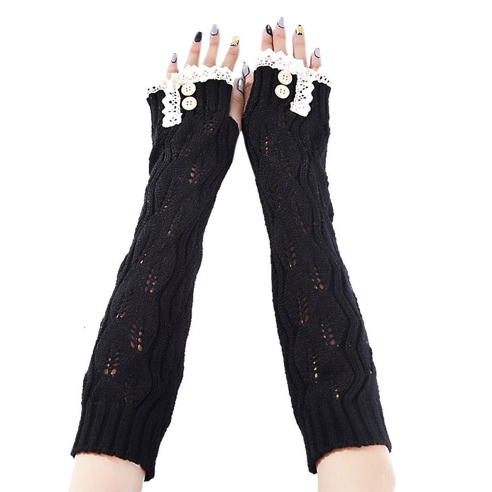 Drasawee Winter Warm Lace Knitted Crochet Long Fingerles Gloves Black