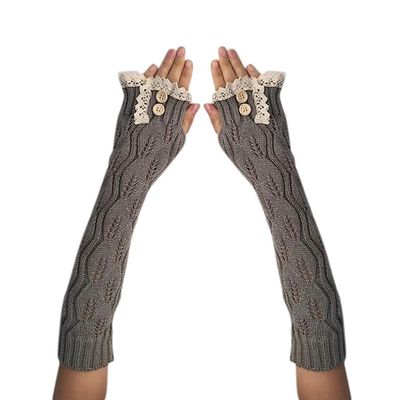 Drasawee Winter Warm Lace Knitted Crochet Long Fingerles Gloves LightGrey