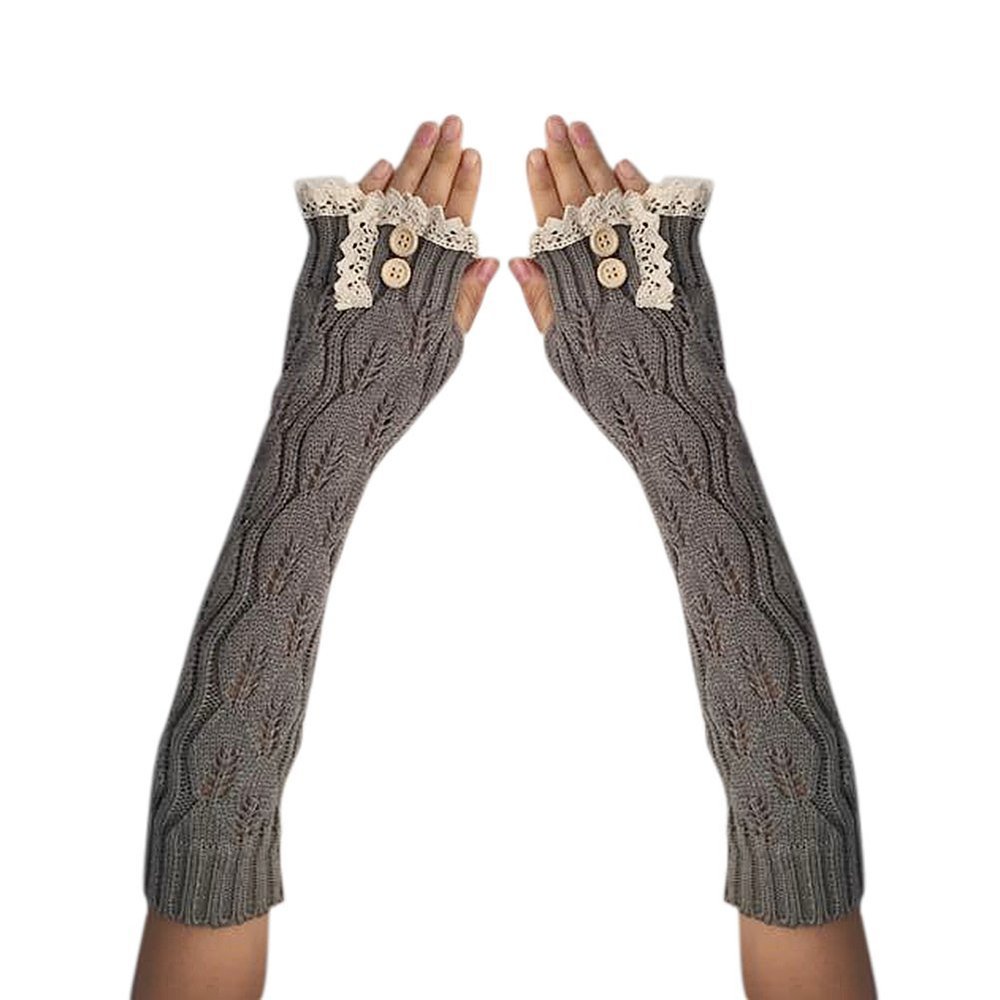 Drasawee Winter Warm Lace Knitted Crochet Long Fingerles Gloves LightGrey