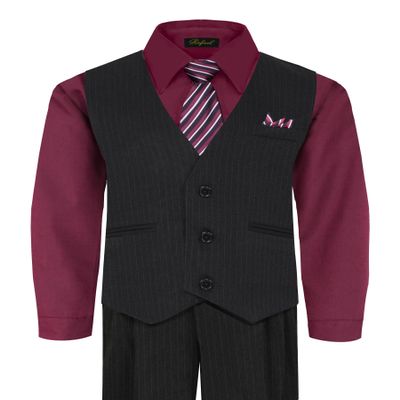 Boy's Vest and Pant Set, Includes Shirt, Tie and Hanky - BURGUNDY 9-12M