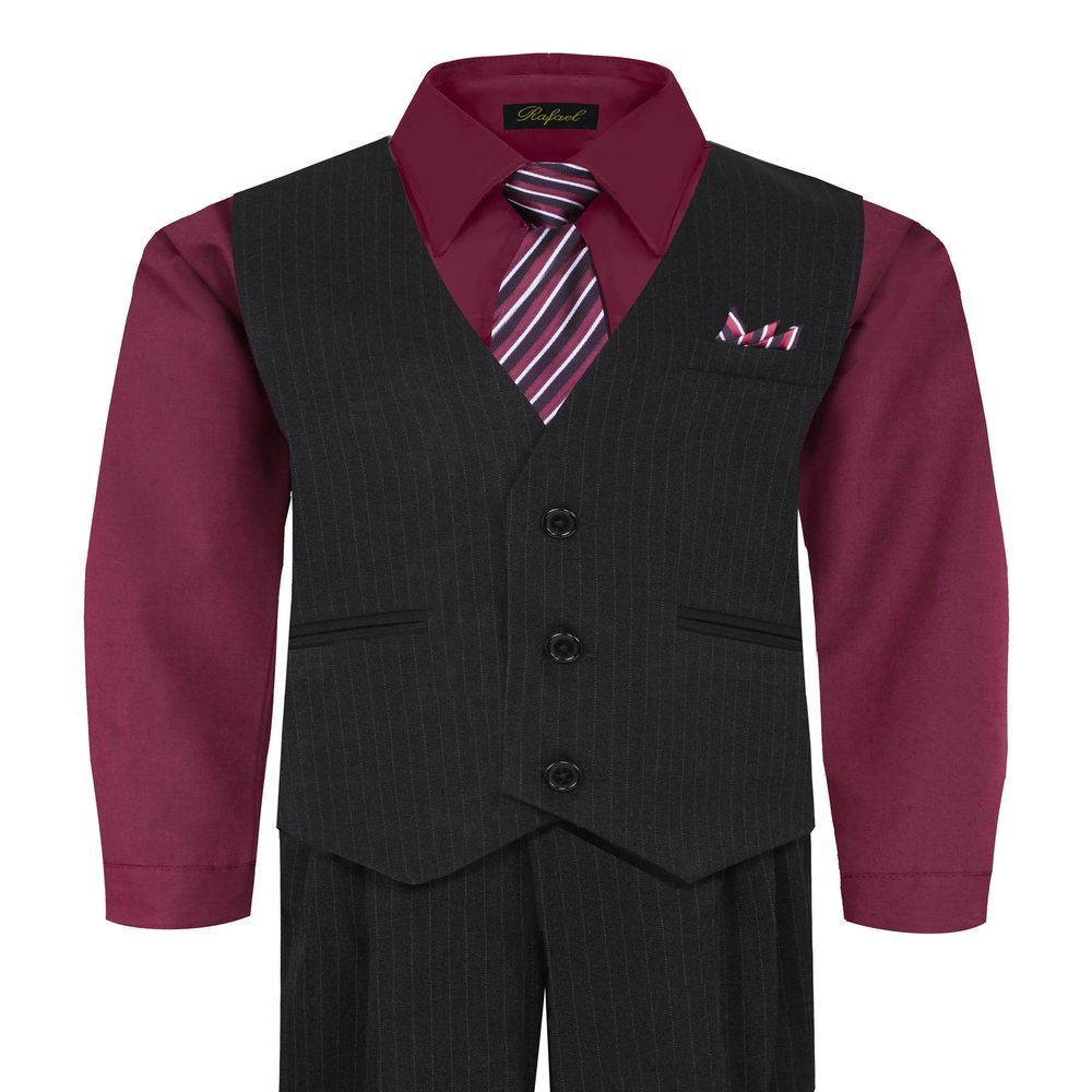 Boy's Vest and Pant Set, Includes Shirt, Tie and Hanky - BURGUNDY 9-12M