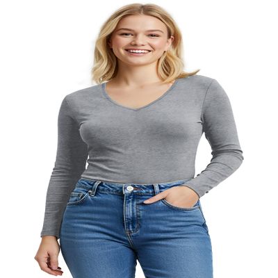 Emmalise Women's Casual Basic V-Neck Tshirt Long Sleeves Tee Top - H Gray, 1XL