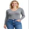 Emmalise Women's Casual Basic V-Neck Tshirt Long Sleeves Tee Top - H Gray, 1XL view 1