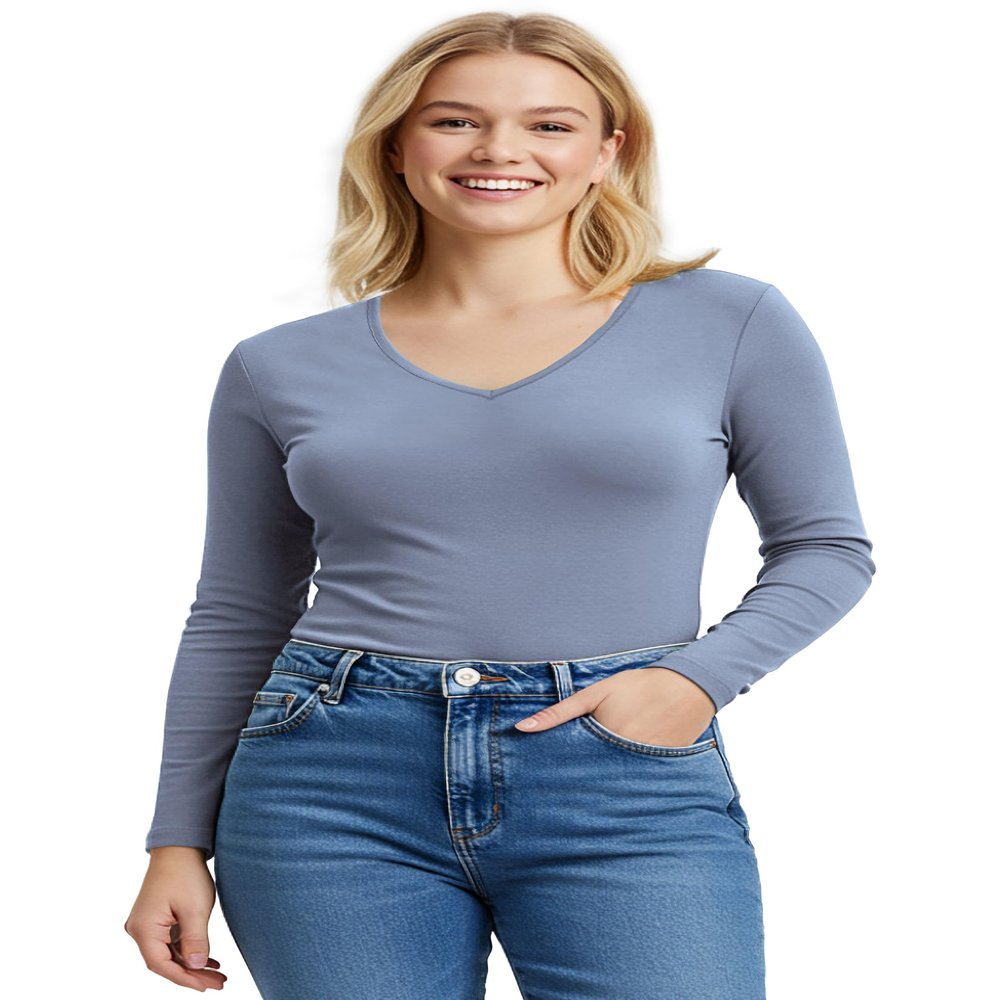 Emmalise Women's Casual Basic V-Neck Tshirt Long Sleeves Tee Top - Sky, M