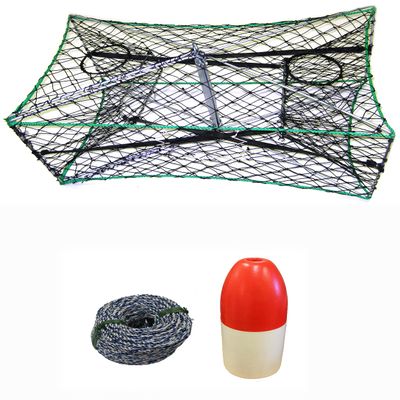 KUFA Galvanized Foldable Crab Trap 1/4" X 100' Non-Lead Sinking Line and 5"X11" Red Float Combo