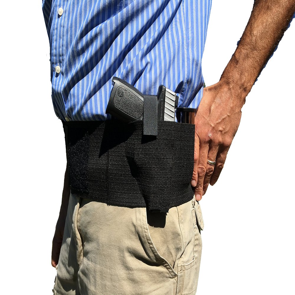 AlphaHolster Belly Band Hand Gun Holster - Abdomen Holster - Cross Draw w/Magazine Holder Pocket (White, XX-Large)