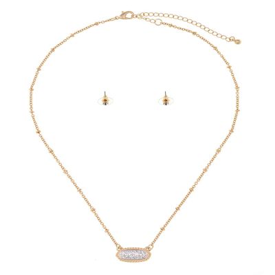 NYFASHION101 Stone Stud Rugged Edge Oval Charm Bead Link Chain Necklace and Earrings Set - Clear/Gold-Tone