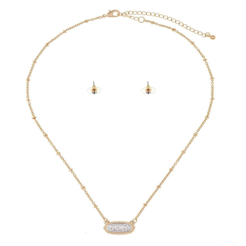NYFASHION101 Stone Stud Rugged Edge Oval Charm Bead Link Chain Necklace and Earrings Set - Clear/Gold-Tone