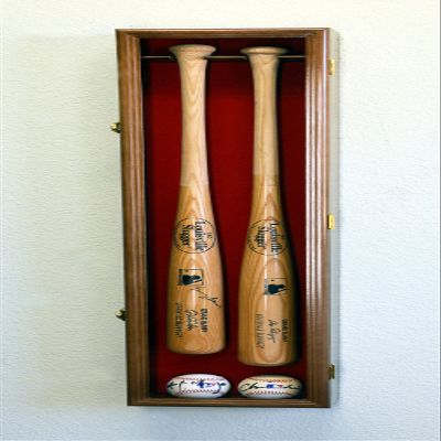 sfDisplay.com,LLC. 2 Baseball & Bat Display Case Cabinet Wall Mount Holder Rack (Red Background, Walnut Finish)