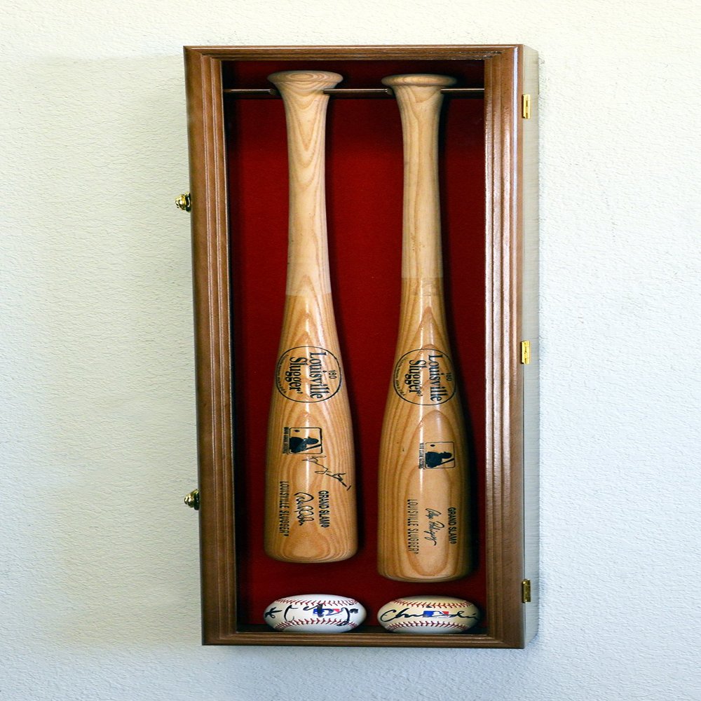 sfDisplay.com,LLC. 2 Baseball & Bat Display Case Cabinet Wall Mount Holder Rack (Red Background, Walnut Finish)