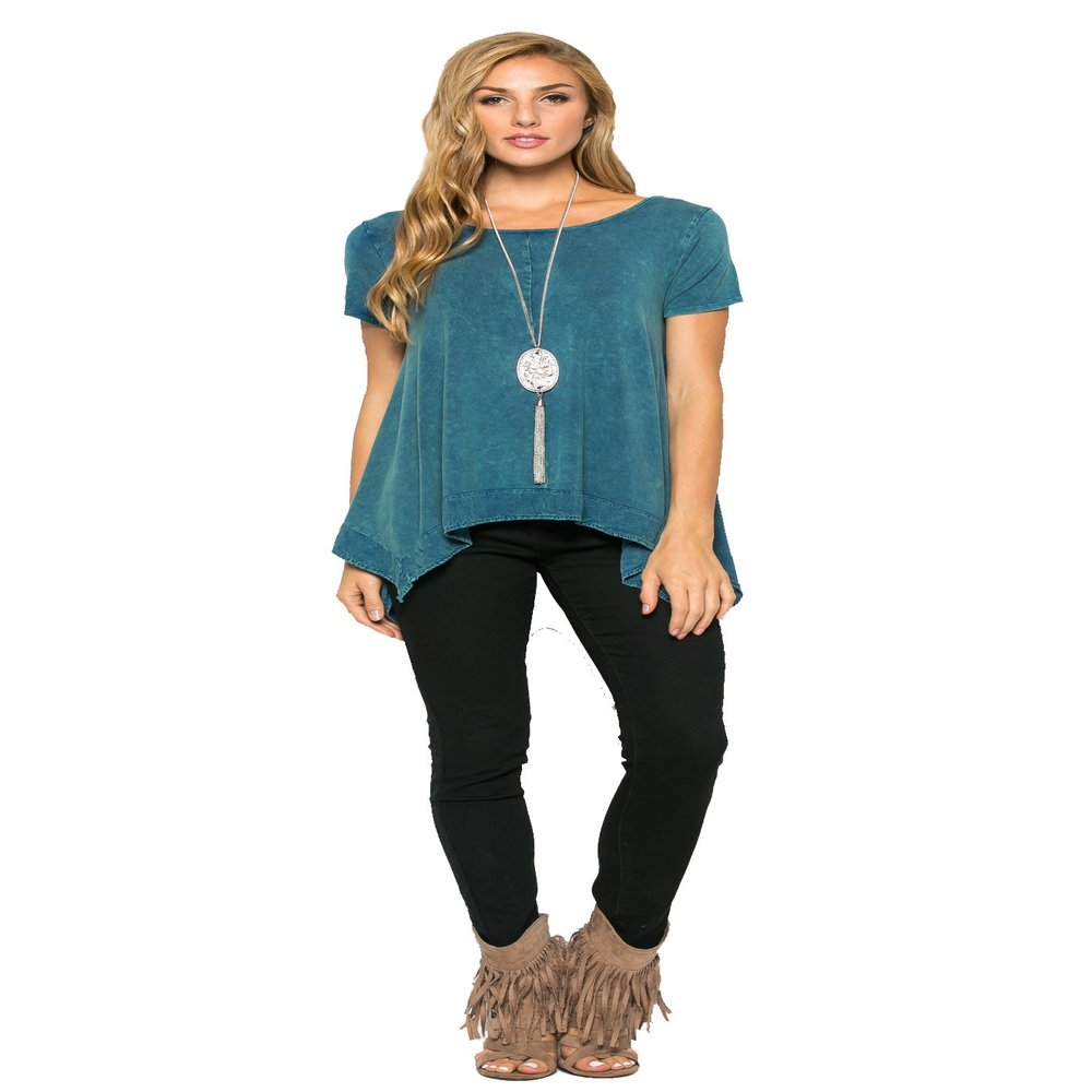 JM Clothing Women's Mineral Washed Short Sleeeve Contrast Top