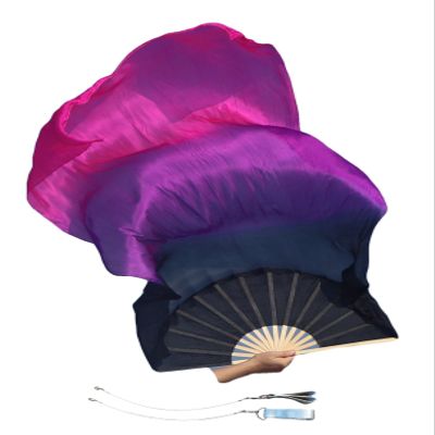 Winged Sirenny 59" (150 cm) Pairs Spinning Worship Praise Fan Pois, Adjustable Colorful Belly Dance Silk Fan Veil (Black-purple-pink)