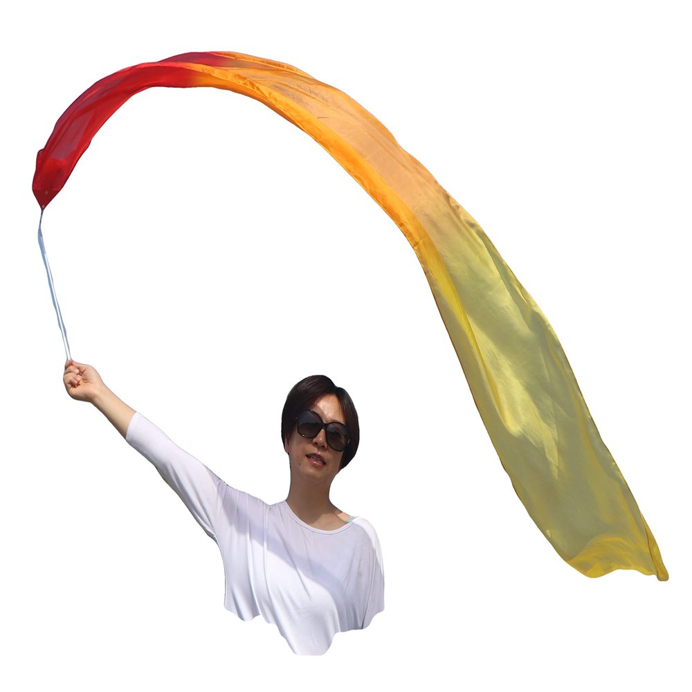 Winged Sirenny 98" Hand Painted Flowy Silk Ribbon Streamer with Rods, Church Liturgical Praise, Worship Adoration Dance Ribbon Banner (red-Orange-Yellow)