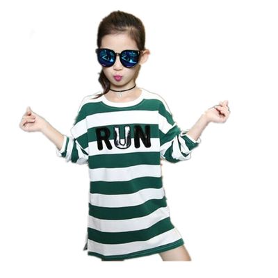 FTSUCQ Girls Letter Striped Pullover Sports Long Shirt (120CM, Green Stripe)