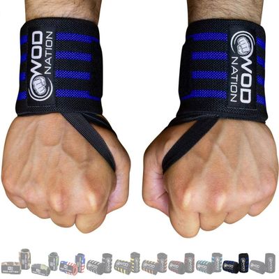 WOD Nation Wrist Wraps for Weightlifting - 12 In, Black & Dark Blue - Support Straps for Strength Training, Powerlifting & Bodybuilding - Lifting Straps with Thumb Loop