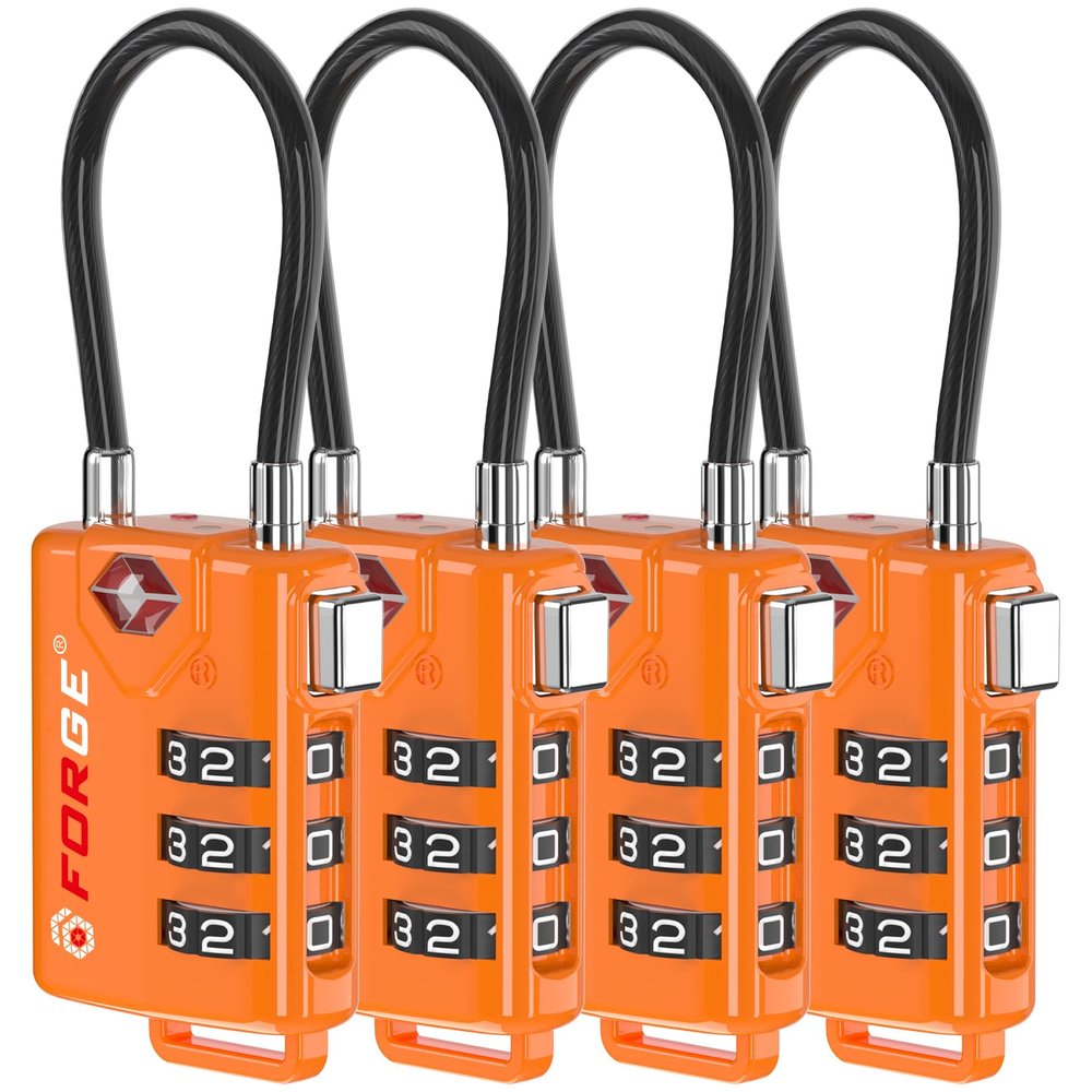TSA Approved Cable Luggage Locks, Re-settable Combination with Alloy Body, Orange 4 Locks.