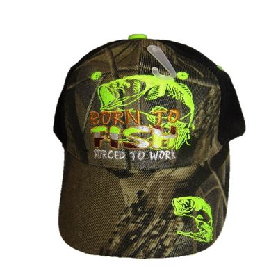 AES Born to Fish Forced Work (Neon Green) Black Back Camouflage Embroidered Cap Hat