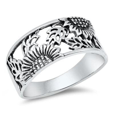 Sterling Silver Women's Sunflower Ring Flower 925 Wide Band 14mm Size 11