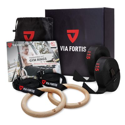 VIA Fortis Premium Wooden Gym Rings with Straps, Bag & Workout Guide - Gym Rings for Calisthenics & Crossfit in Competition Design - Extra Wide Straps with Markings