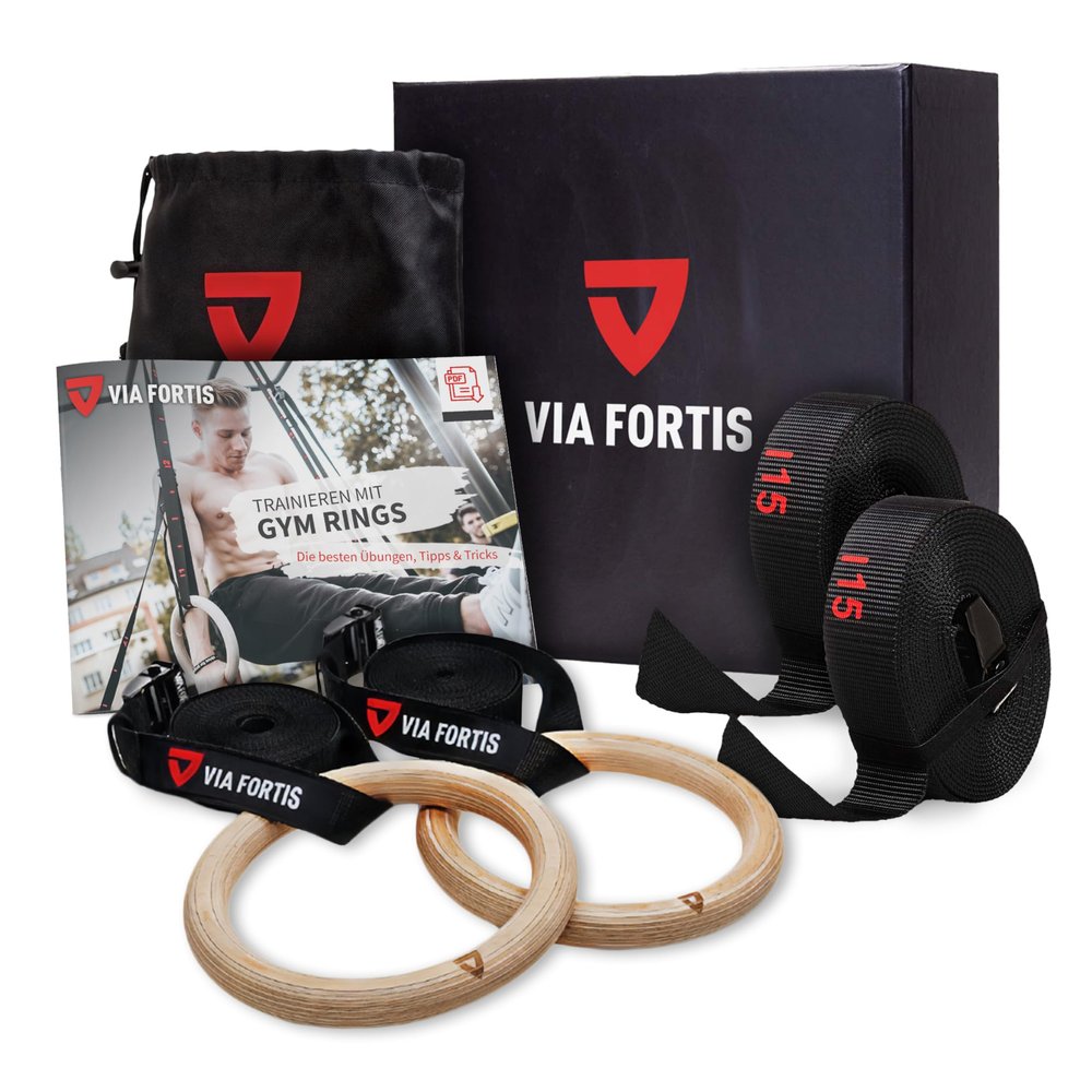 VIA Fortis Premium Wooden Gym Rings with Straps, Bag & Workout Guide - Gym Rings for Calisthenics & Crossfit in Competition Design - Extra Wide Straps with Markings