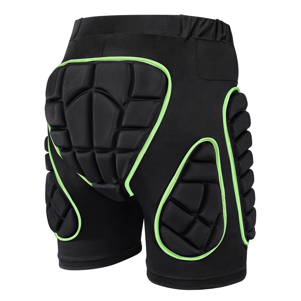 OHMOTOR 3D Padded Protective Shorts Hip Butt EVA Pad Short Pants Heavy Duty Protective Gear Guard Drop Resistance for Ski Skiing Skating Snowboard Cycling (Green - for Men, XL)