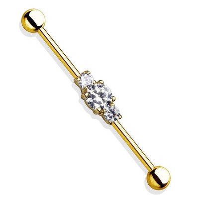 14g Industrial Barbell Black Or Gold with Three Gems Anodized Surgical Steel (Gold)