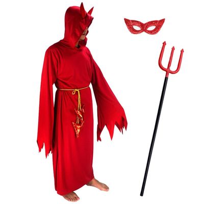 Men's Red Devil Angular Hooded Robe Tunic Halloween Easter Party Cosplay Costume With Devil Pitchfork, Demon Eye Patch