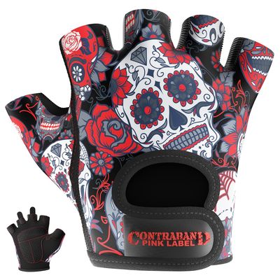 Contraband Pink Label 5237 Womens Designer Workout Gloves | Sugar Skull Print w/Grip-Lock Padding (Red, X-Small)