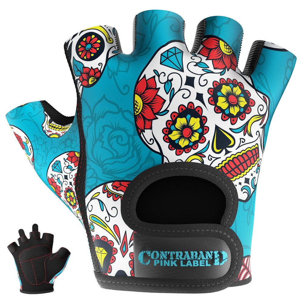 Contraband Pink Label 5237 Womens Designer Workout Gloves | Sugar Skull Print w/Grip-Lock Padding (Green, X-Small)