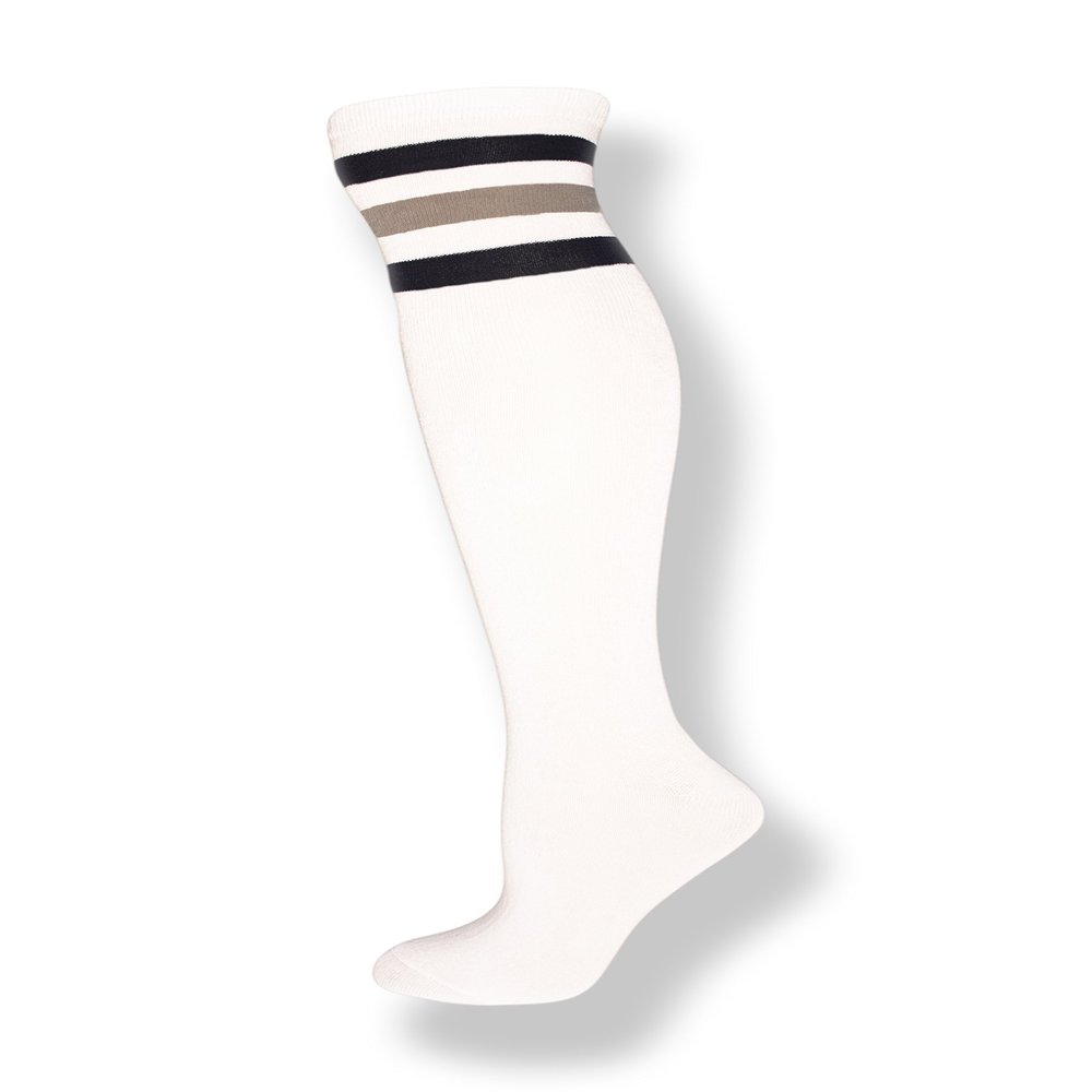 NEON NATION Unisex White Knee High Team Tube Socks with Various Colored Stripes (White with Navy & Gray Stripes)