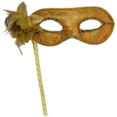 AZYOUNG Woman's Christmas Halloween Black Purple Red White Feather Flower Plastic Masquerade Mask on Stick,(Gold)