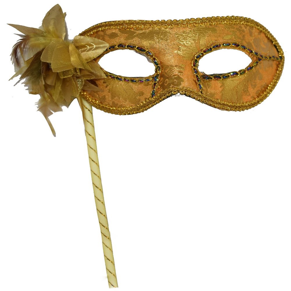 AZYOUNG Woman's Christmas Halloween Black Purple Red White Feather Flower Plastic Masquerade Mask on Stick,(Gold)