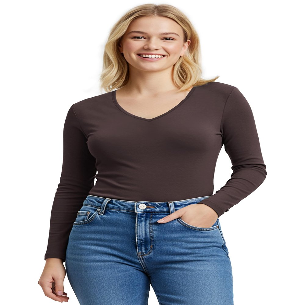 Emmalise Women's Casual Basic V-Neck Tshirt Long Sleeves Tee Top - Brown, L