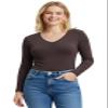 Emmalise Women's Casual Basic V-Neck Tshirt Long Sleeves Tee Top - Brown, L view 1