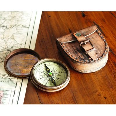 Antique Poem Compass with Leather Case Rustic Vintage Home Decor Gifts
