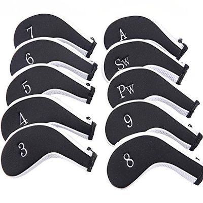 10x Golf Iron Cover Headcover Zipper Long Sleeve Embroidery All Fit 3-SW# (Black & White)