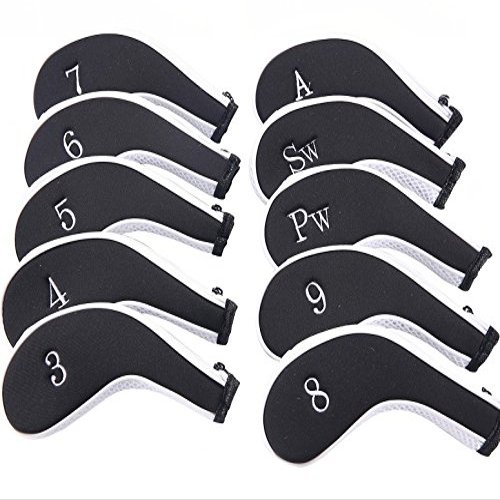 10x Golf Iron Cover Headcover Zipper Long Sleeve Embroidery All Fit 3-SW# (Black & White)