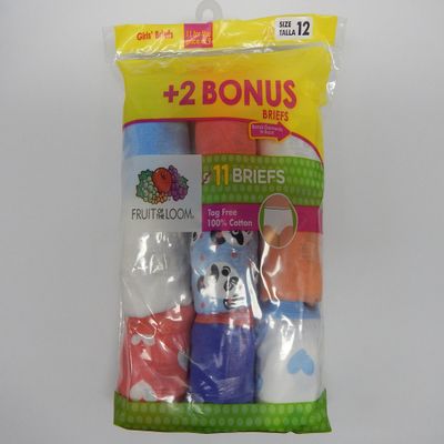 Fruit of the Loom Girls Briefs 11 Pack Assorted 12 100% Cotton Multi