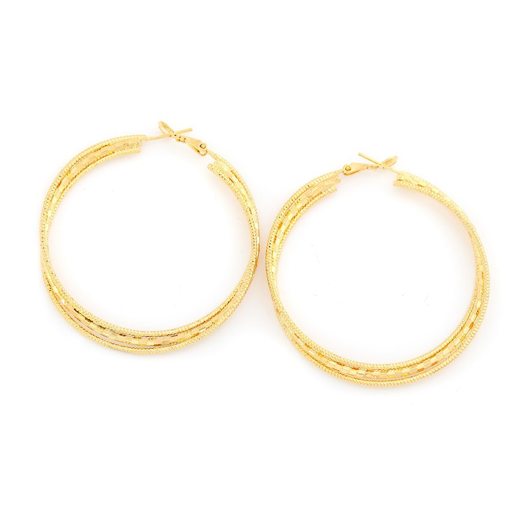24K Gold Plated Big Round Textured Twist Overlapping Triple Hoop Earrings (D:5.6cm)