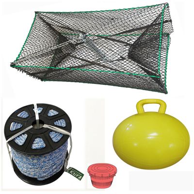 KUFA Sports Galvanized Steel Prawn Trap with 400' Rope, Yellow Float and Vented Bait Jar Combo (S32+SL4+F15Y+HB5)