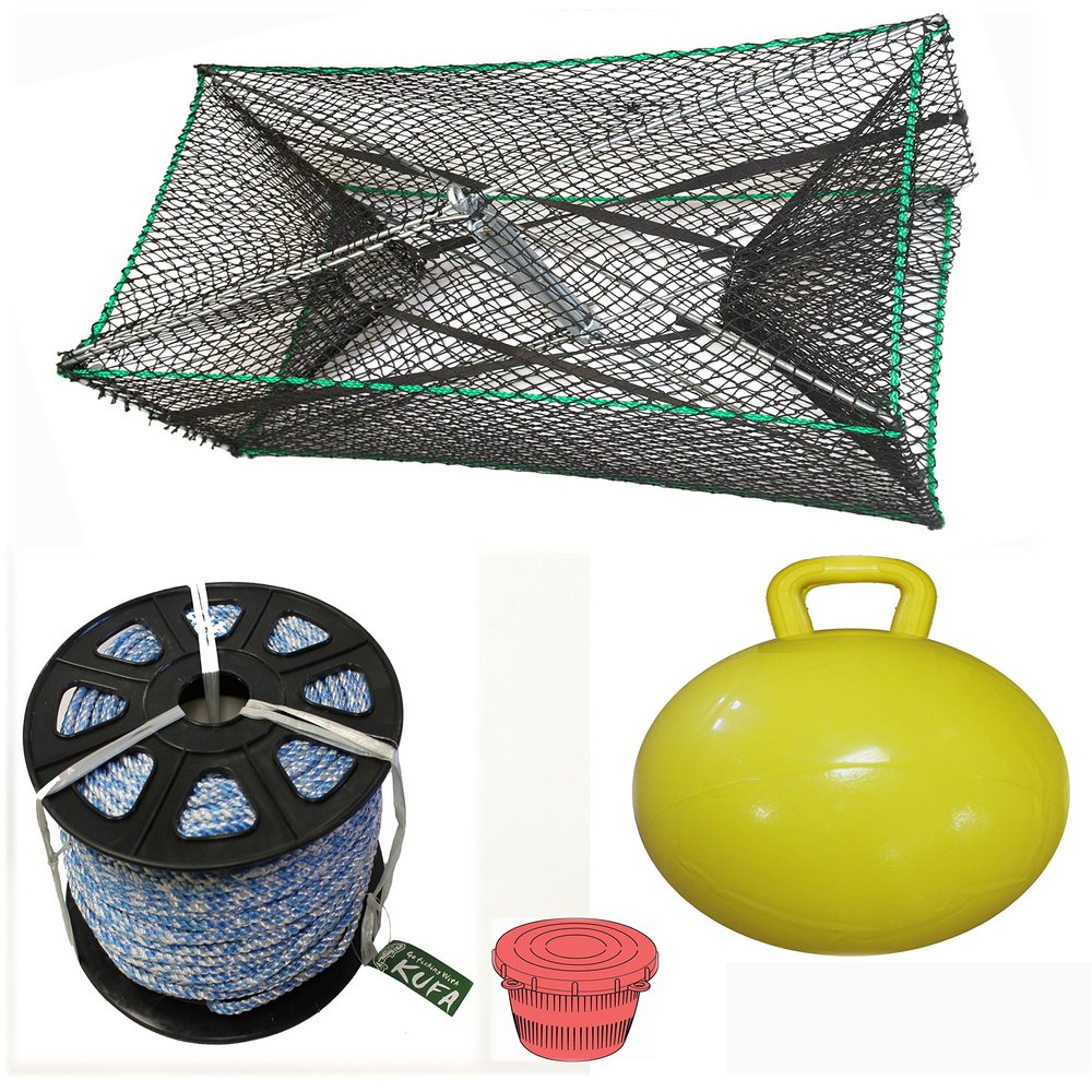 KUFA Sports Galvanized Steel Prawn Trap with 400' Rope, Yellow Float and Vented Bait Jar Combo (S32+SL4+F15Y+HB5)