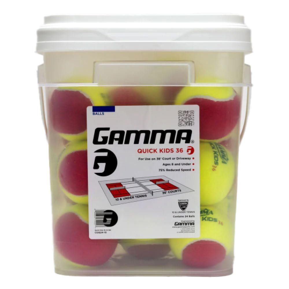 Gamma Quick Kids 36 Training Tennis Balls for Kids & Beginners, Reduced Speed & Bounce, Great for Tennis Practice, USTA & ITF Approved for Use in 10 & Under Tournaments, Bucket of 24