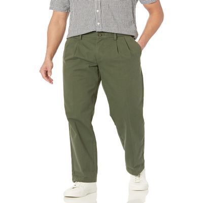 Amazon Essentials Men's Classic-Fit Wrinkle-Resistant Pleated Chino Pant (Available in Big & Tall), Dark Olive, 38W x 32L