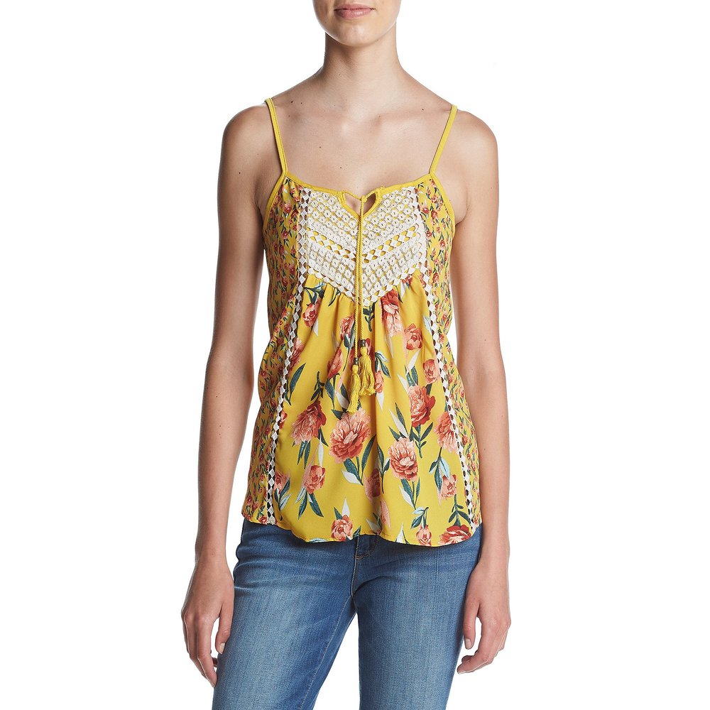 Taylor and Sage Women's Mix Print Lace Trim Tank with Tassel, Tropical Honey, Medium