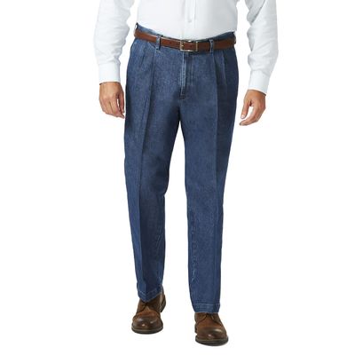 Haggar Men's Big-Tall B&t Stretch Denim Expandable Classic Fit Pleat Front Pant, Medium Blue, 52Wx34L