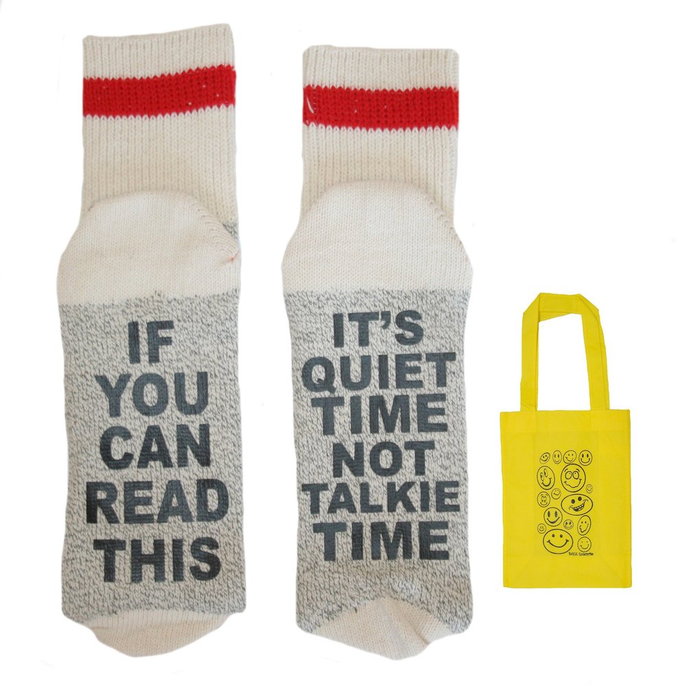 Awesome and Beyond Talking Socks It's Quiet Time Not Talkie Time Adult Socks & Smiles Bag-Gift Set (9-11, Grey/Red)