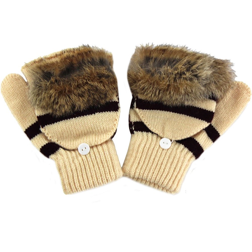 LerBen Women Winter Gloves Wool Fingerless Texting Gloves with Mitten Cover